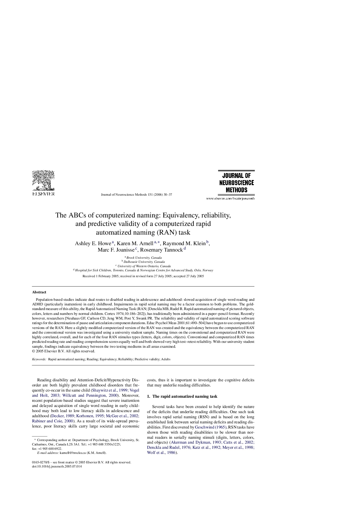 The ABCs of computerized naming: Equivalency, reliability, and predictive validity of a computerized rapid automatized naming (RAN) task