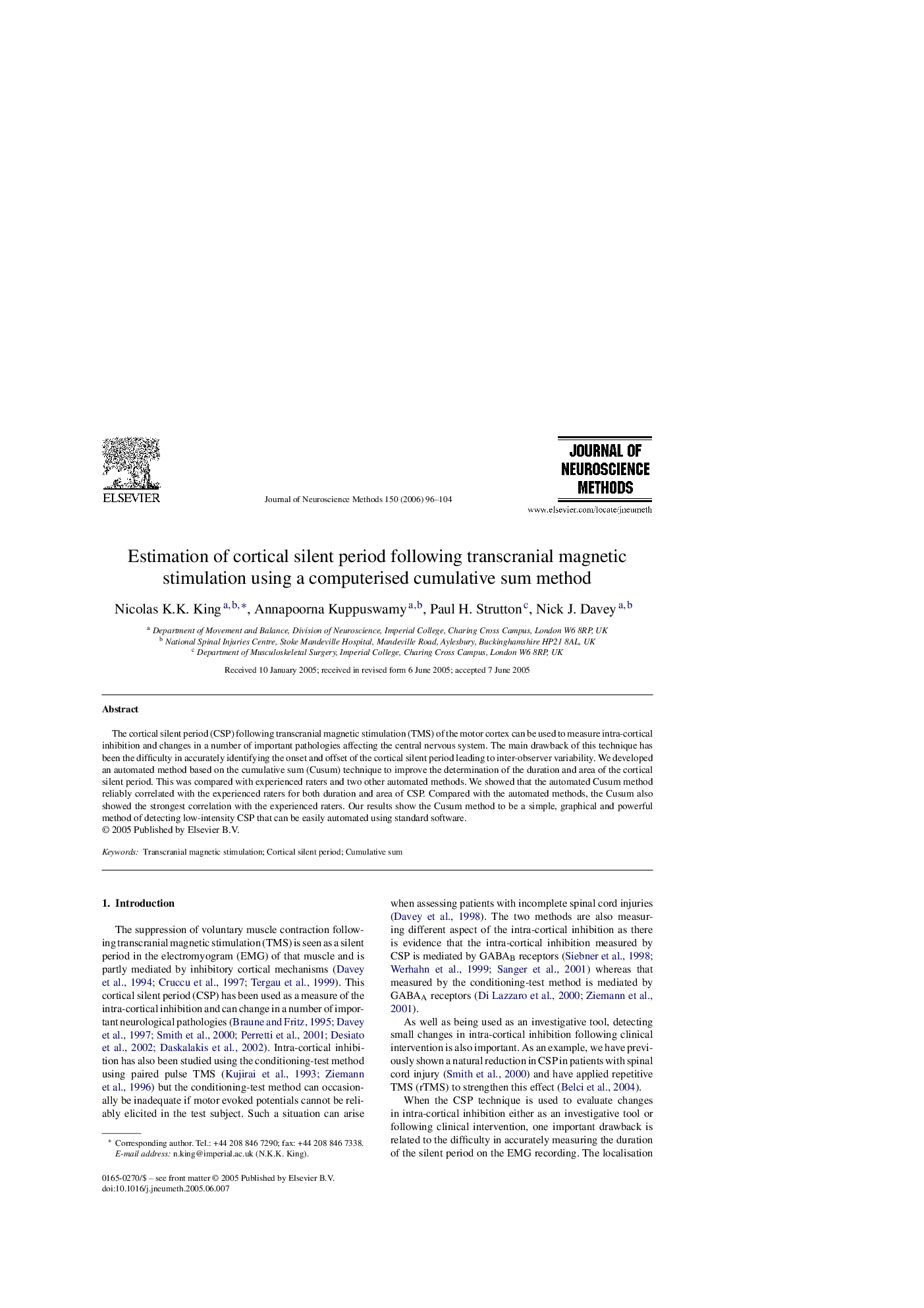 Estimation of cortical silent period following transcranial magnetic stimulation using a computerised cumulative sum method