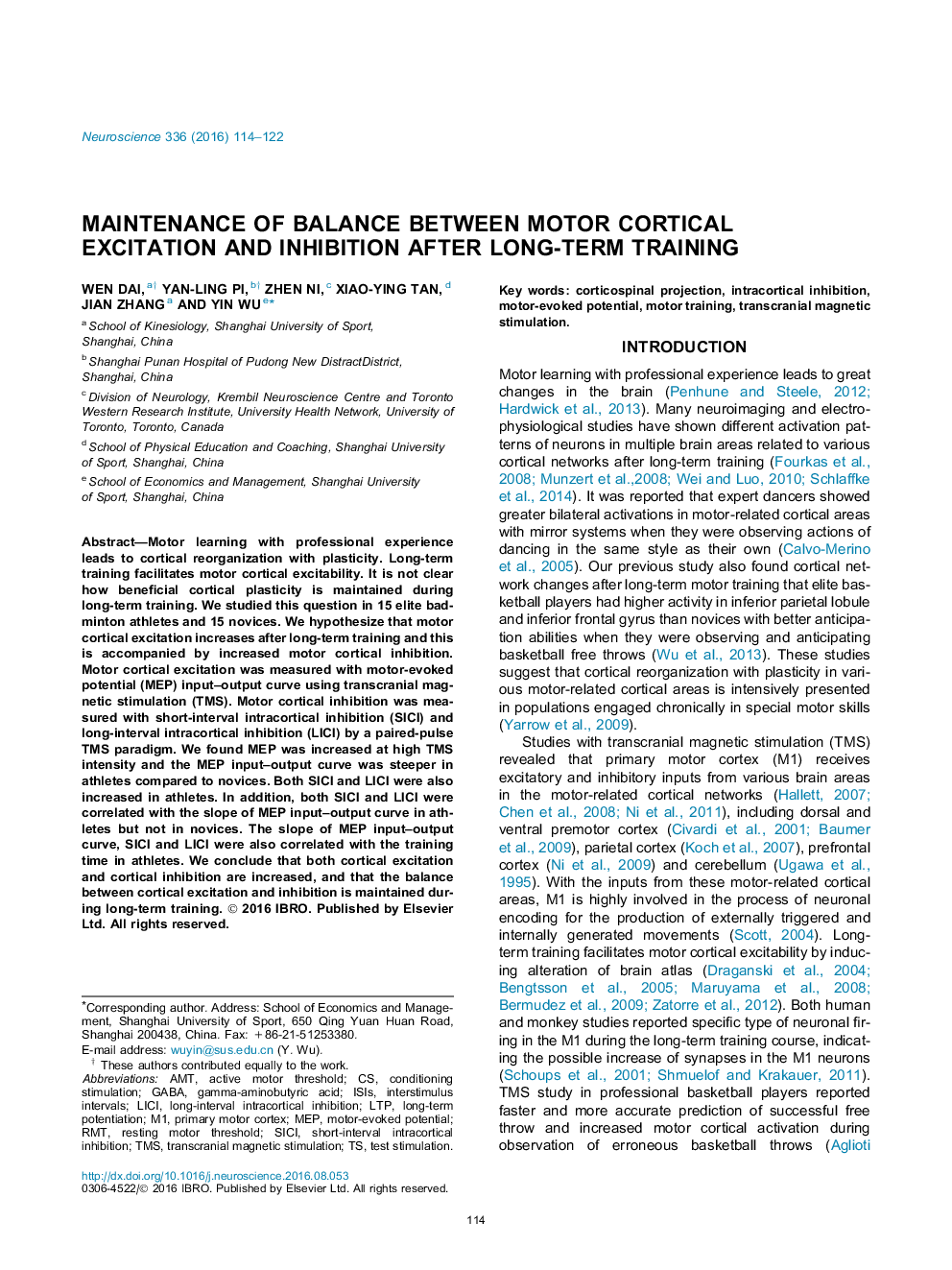 Maintenance of balance between motor cortical excitation and inhibition after long-term training