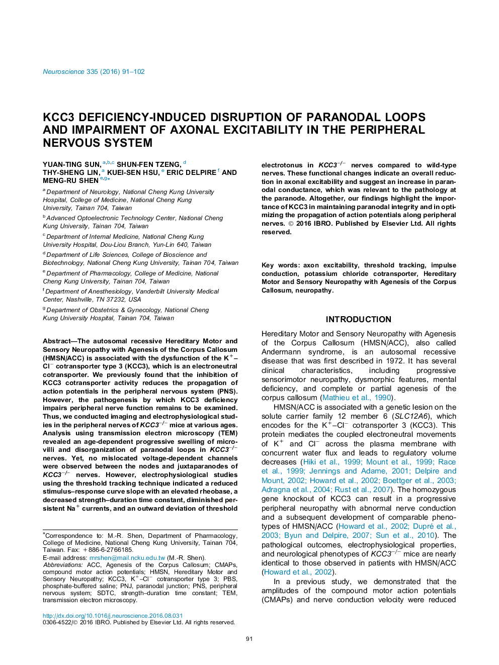 KCC3 deficiency-induced disruption of paranodal loops and impairment of axonal excitability in the peripheral nervous system