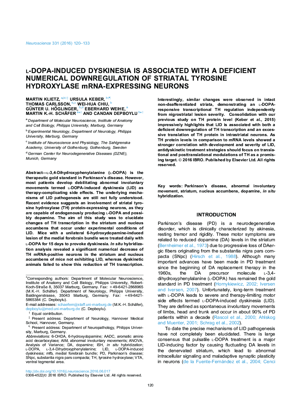 l-DOPA-induced dyskinesia is associated with a deficient numerical downregulation of striatal tyrosine hydroxylase mRNA-expressing neurons