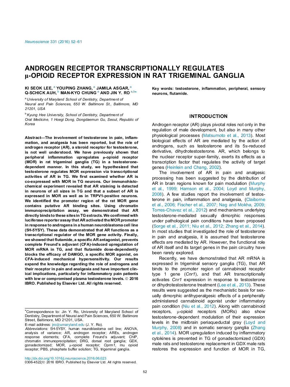Androgen receptor transcriptionally regulates μ-opioid receptor expression in rat trigeminal ganglia