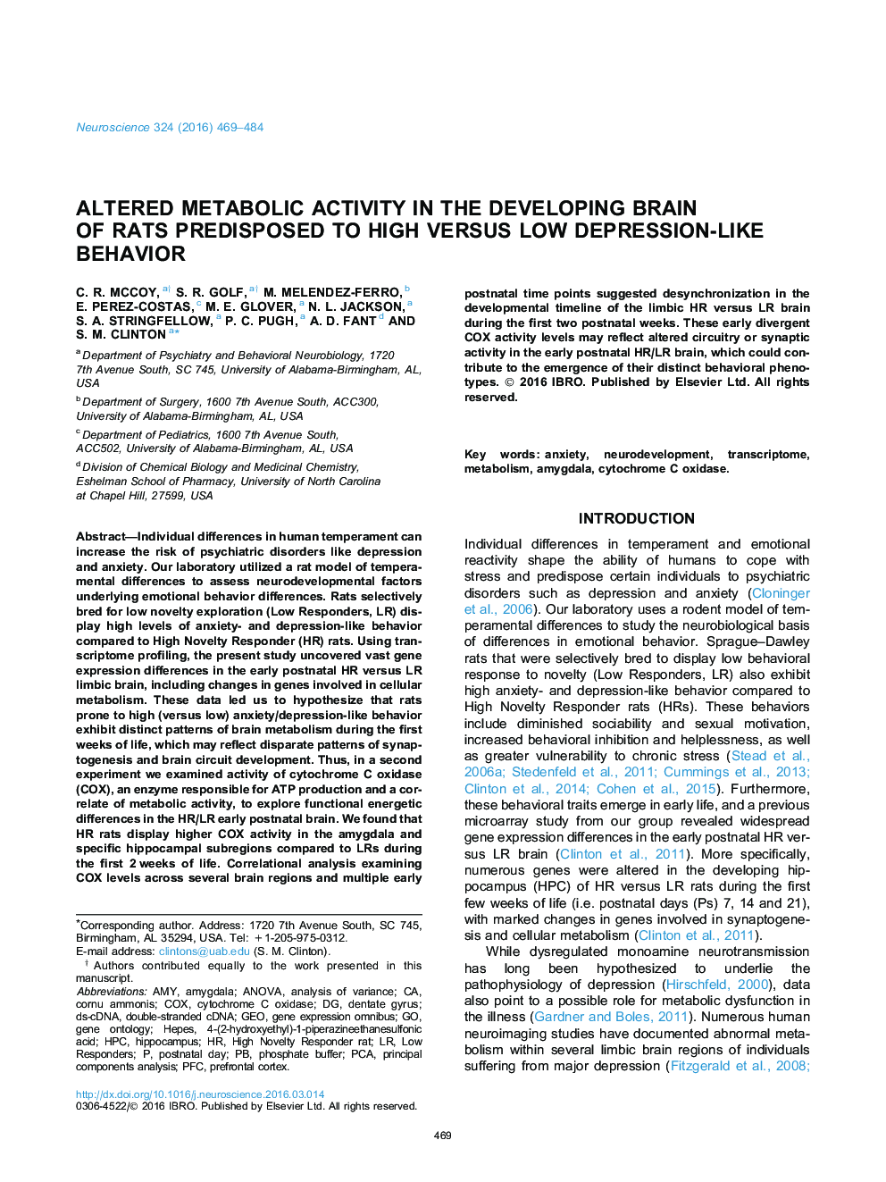 Altered metabolic activity in the developing brain of rats predisposed to high versus low depression-like behavior