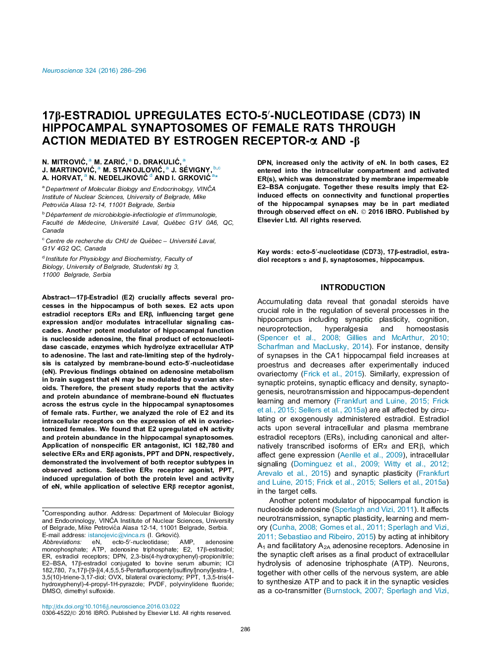 17β-Estradiol upregulates ecto-5′-nucleotidase (CD73) in hippocampal synaptosomes of female rats through action mediated by estrogen receptor-α and -β