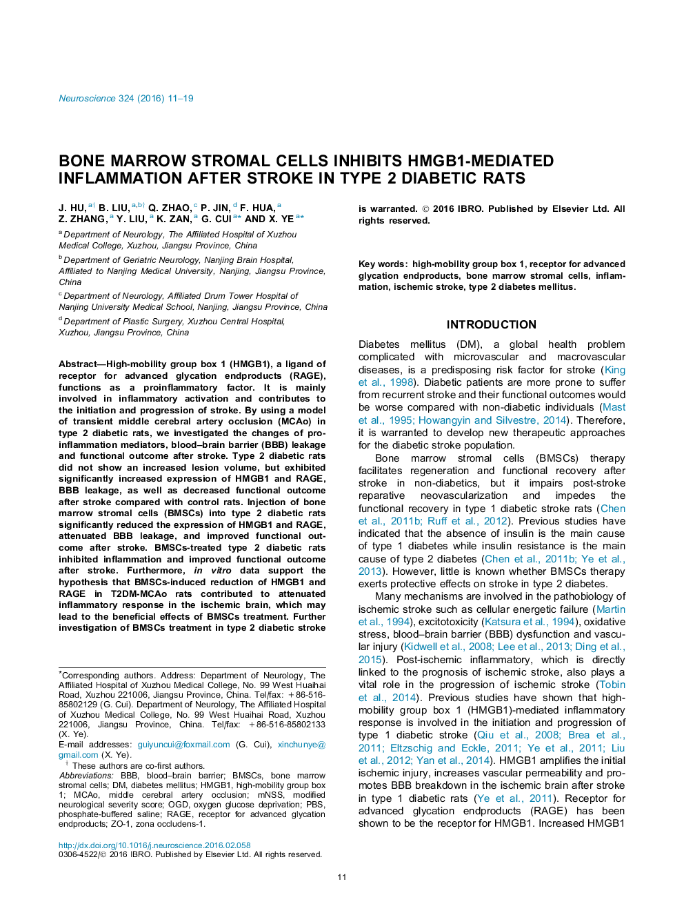 Bone marrow stromal cells inhibits HMGB1-mediated inflammation after stroke in type 2 diabetic rats