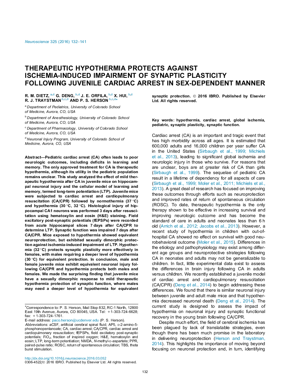 هیپوترمی درمانگر در برابر اختلال ناشی از ایسکمی ناشی از پلاستیک سیناپسی پس از قطع رابطه قلبی نوجوانان به شیوه وابسته به جنس 