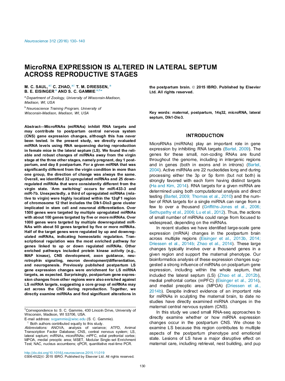 MicroRNA expression is altered in lateral septum across reproductive stages