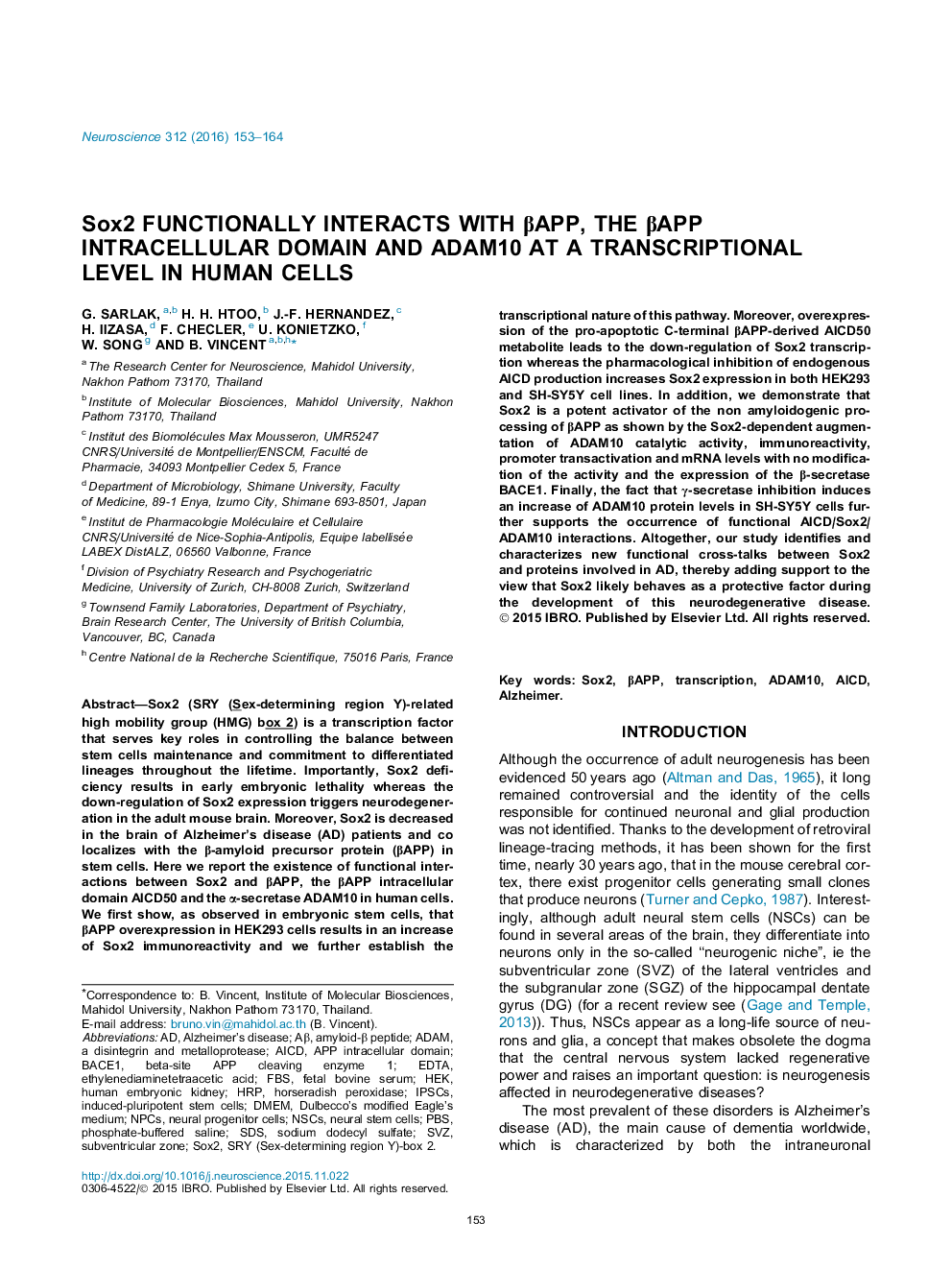 Sox2 functionally interacts with βAPP, the βAPP intracellular domain and ADAM10 at a transcriptional level in human cells