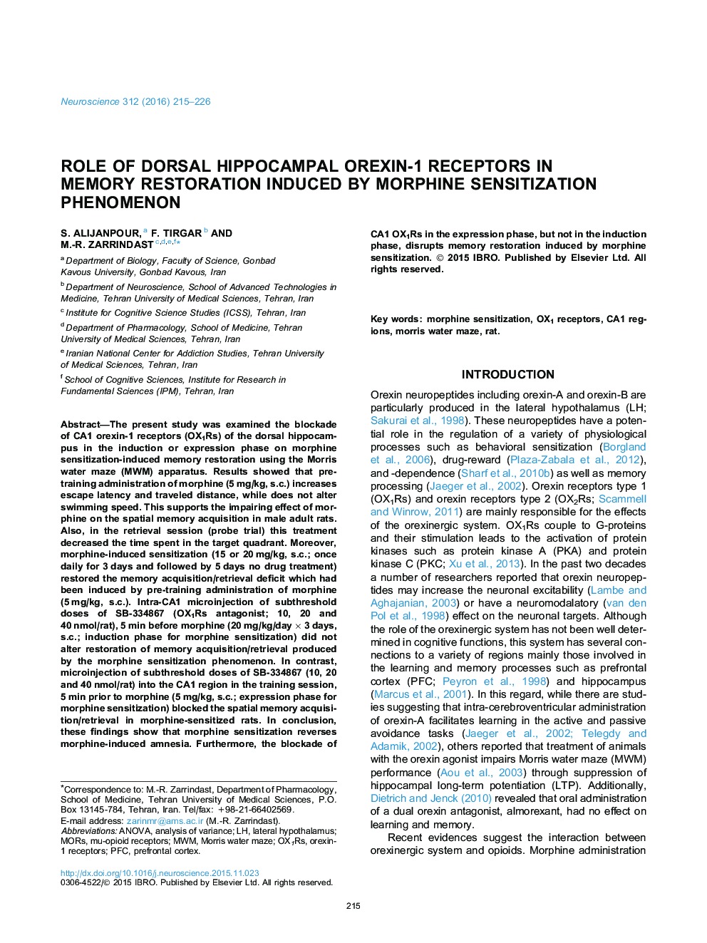Role of dorsal hippocampal orexin-1 receptors in memory restoration induced by morphine sensitization phenomenon