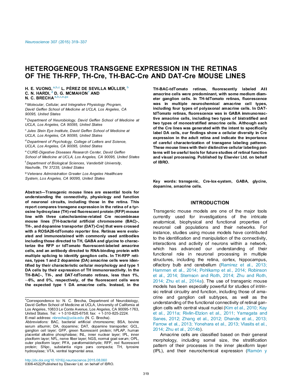 Heterogeneous transgene expression in the retinas of the TH-RFP, TH-Cre, TH-BAC-Cre and DAT-Cre mouse lines