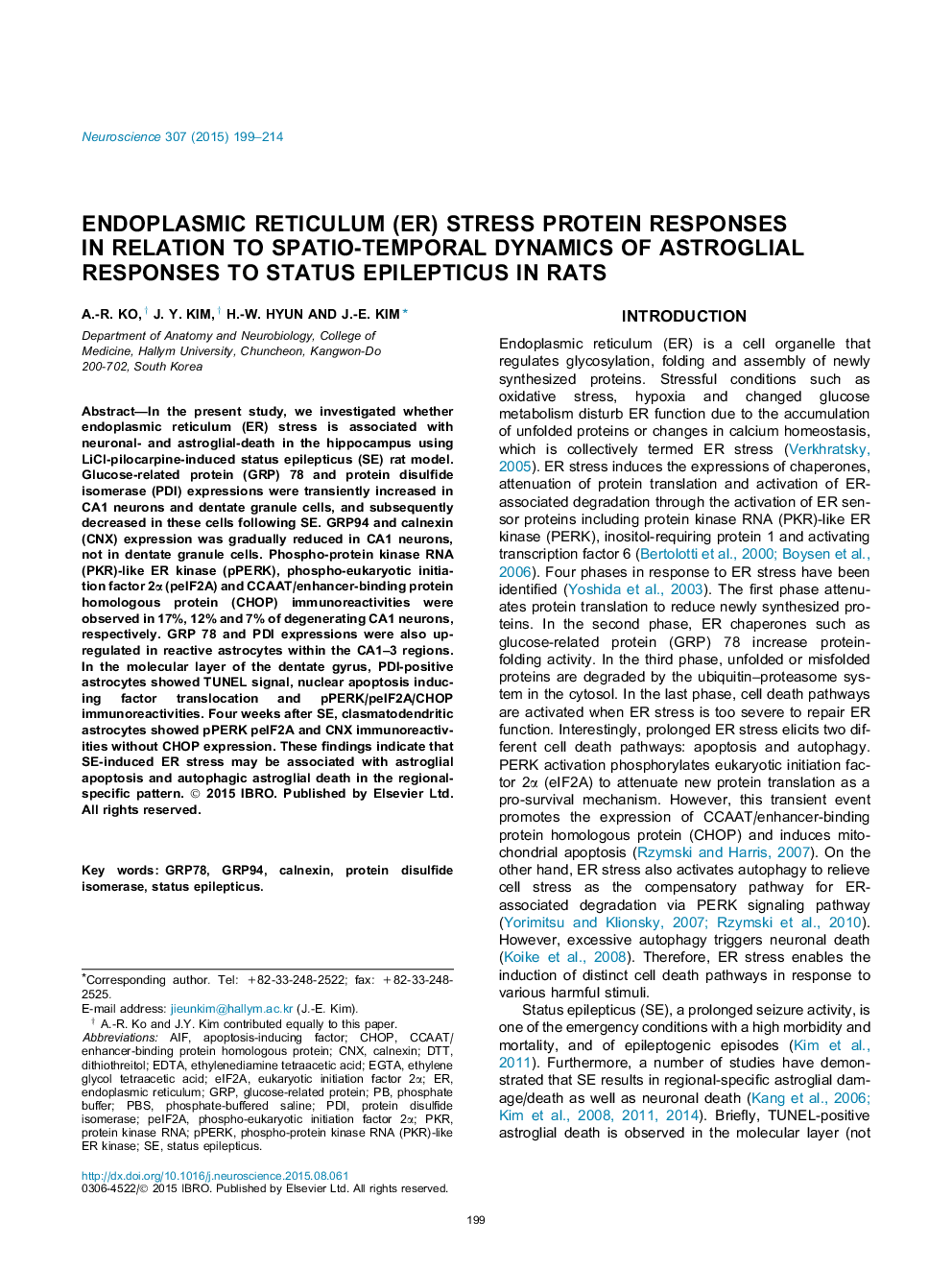 Endoplasmic reticulum (ER) stress protein responses in relation to spatio-temporal dynamics of astroglial responses to status epilepticus in rats