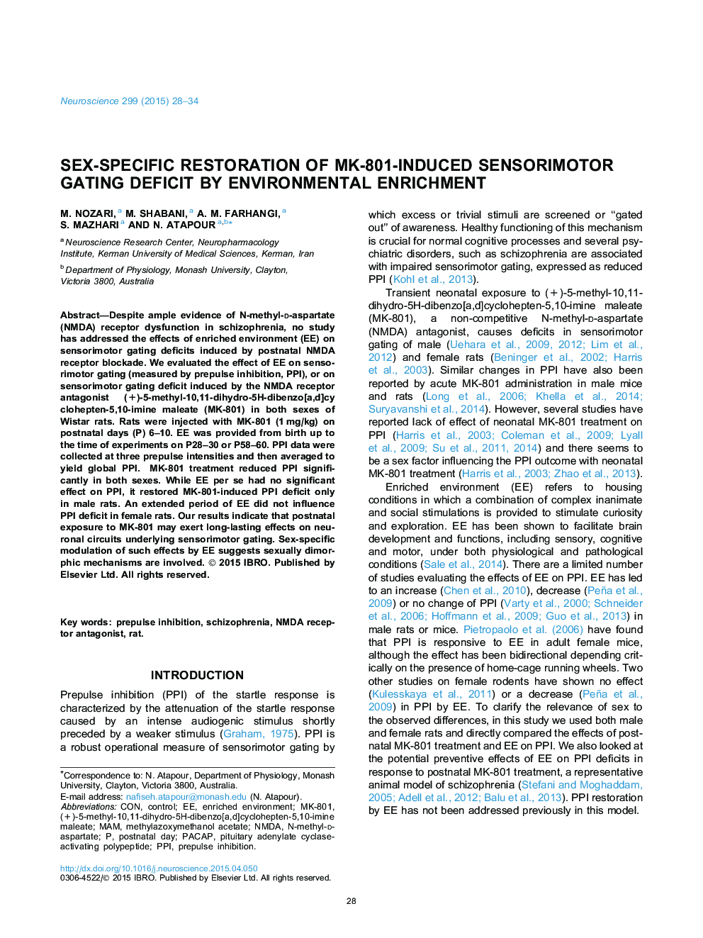 Sex-specific restoration of MK-801-induced sensorimotor gating deficit by environmental enrichment