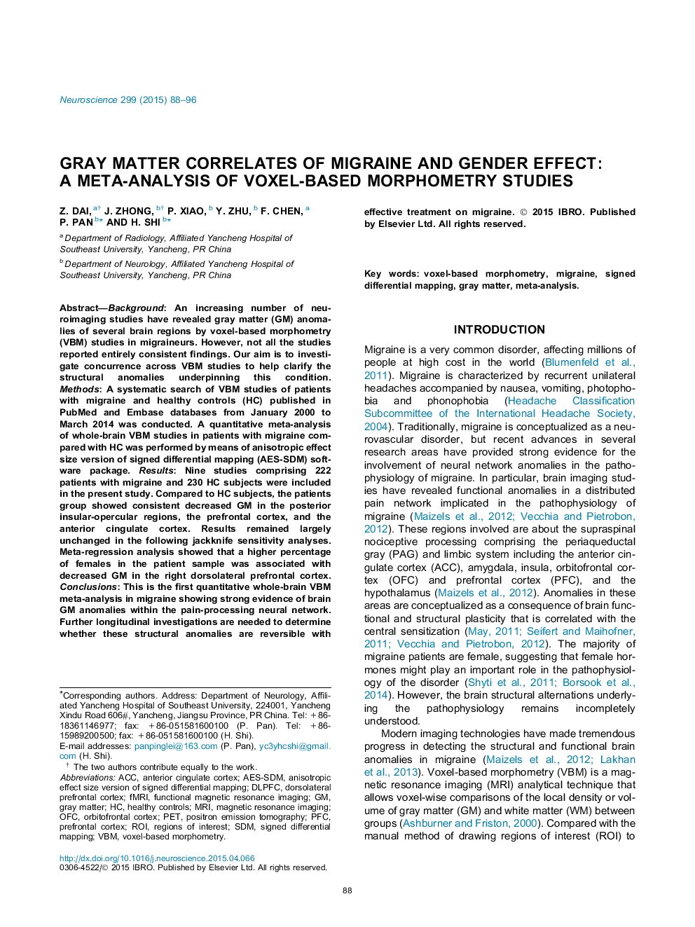 Gray matter correlates of migraine and gender effect: A meta-analysis of voxel-based morphometry studies