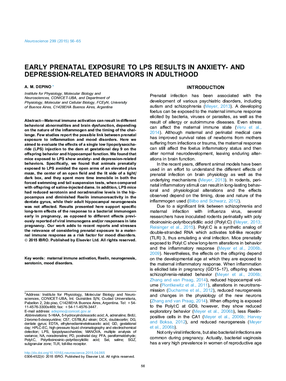 Early prenatal exposure to LPS results in anxiety- and depression-related behaviors in adulthood