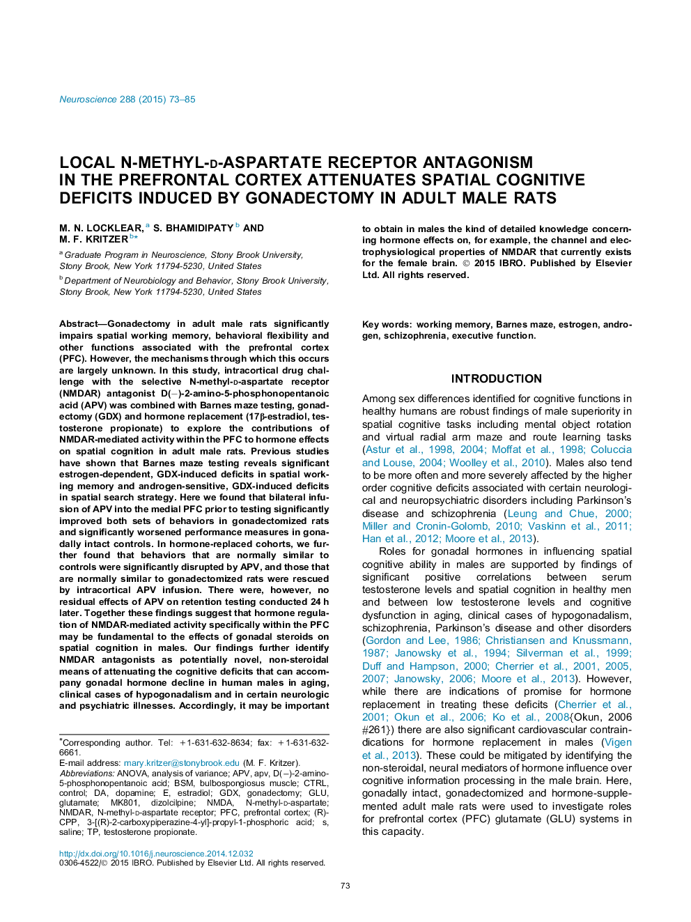 Local N-methyl-d-aspartate receptor antagonism in the prefrontal cortex attenuates spatial cognitive deficits induced by gonadectomy in adult male rats