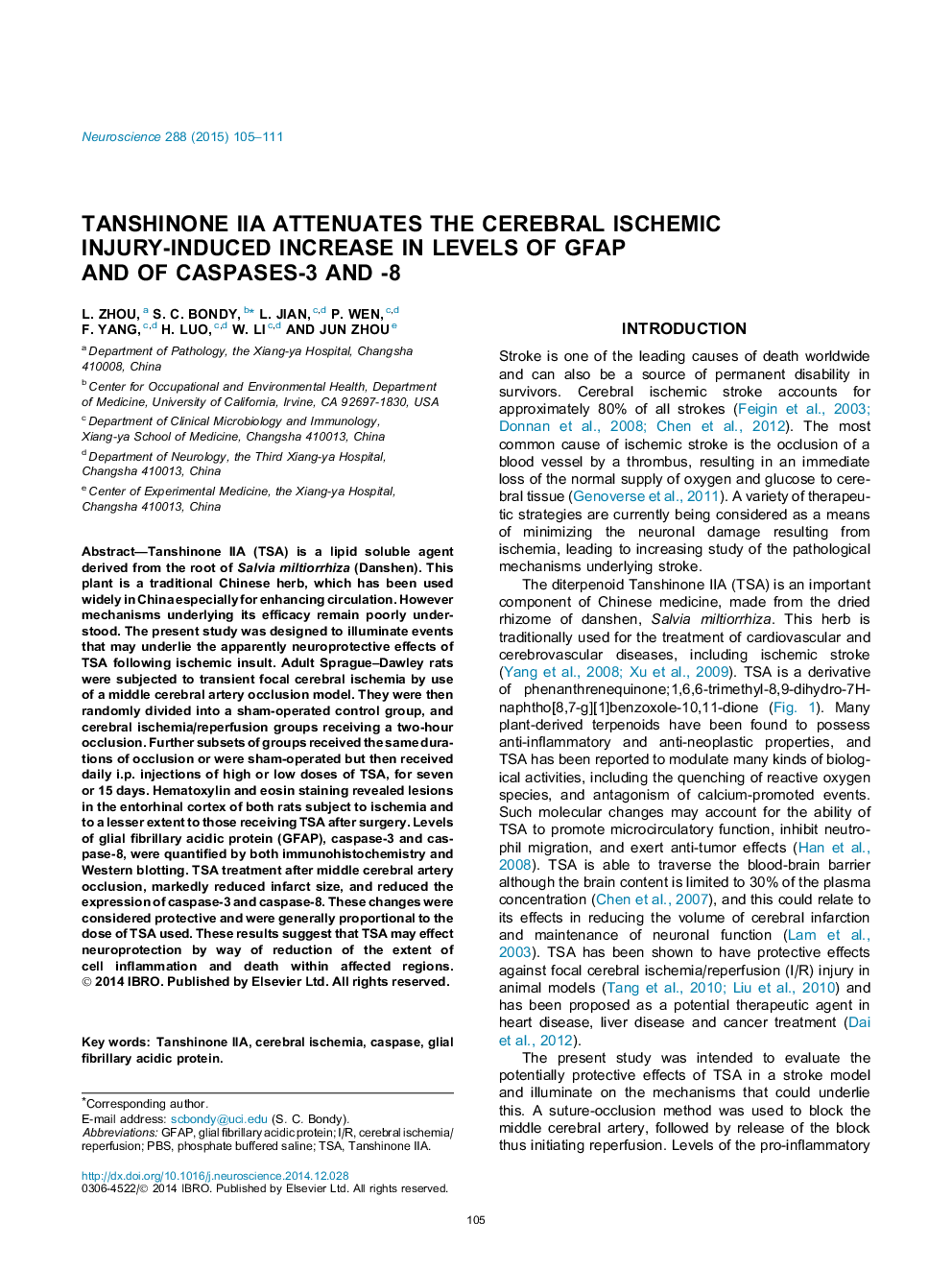 Tanshinone IIA attenuates the cerebral ischemic injury-induced increase in levels of GFAP and of caspases-3 and -8