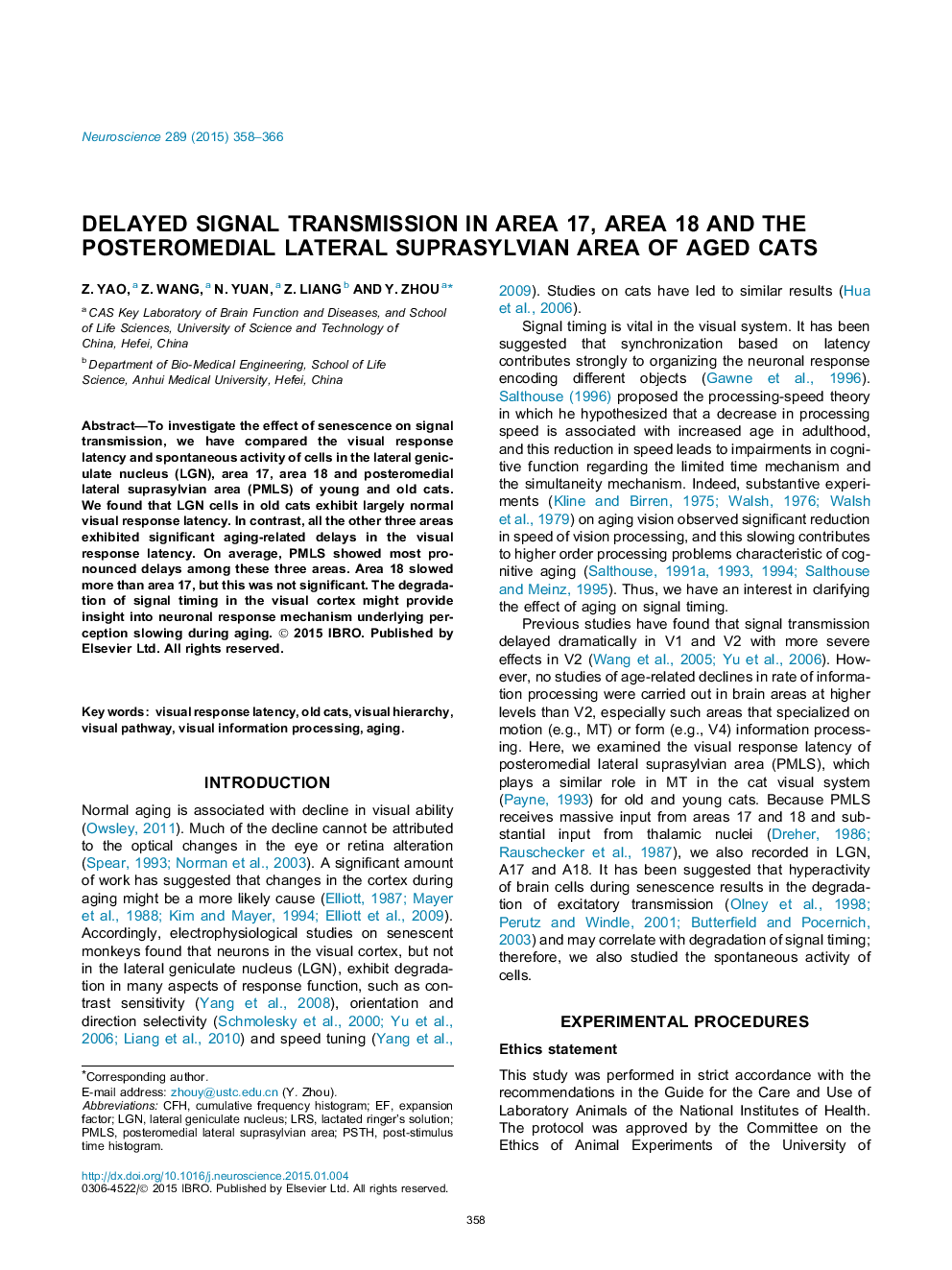 Delayed signal transmission in area 17, area 18 and the posteromedial lateral suprasylvian area of aged cats
