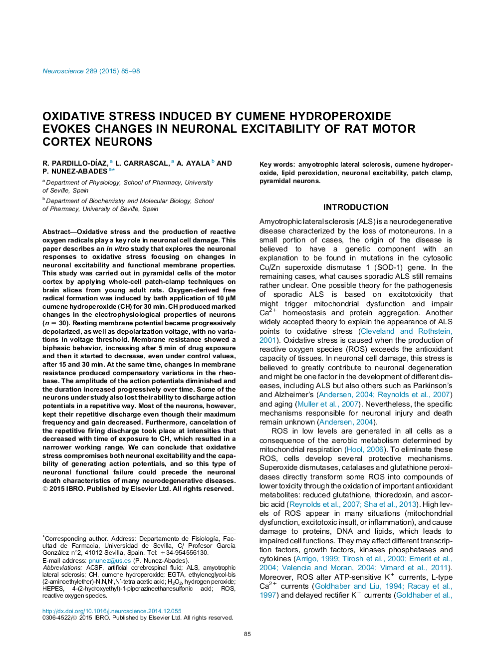 Oxidative stress induced by cumene hydroperoxide evokes changes in neuronal excitability of rat motor cortex neurons