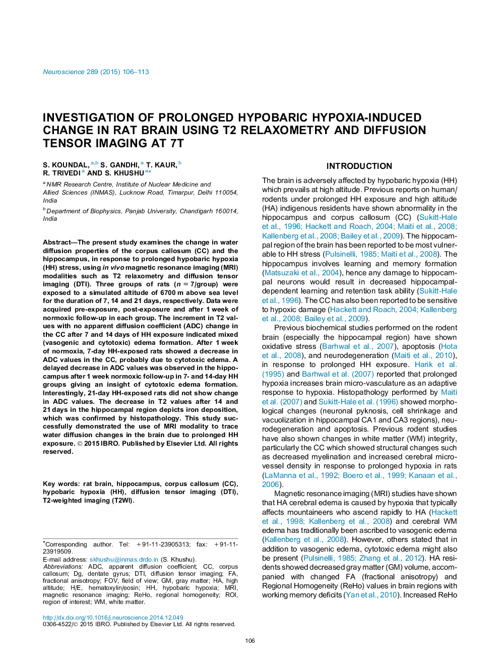 Investigation of prolonged hypobaric hypoxia-induced change in rat brain using T2 relaxometry and diffusion tensor imaging at 7T