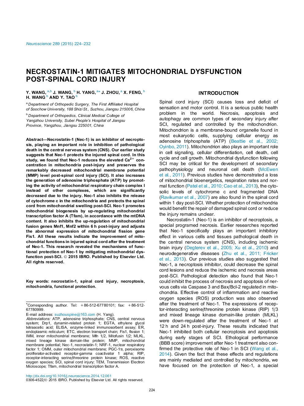 Necrostatin-1 mitigates mitochondrial dysfunction post-spinal cord injury