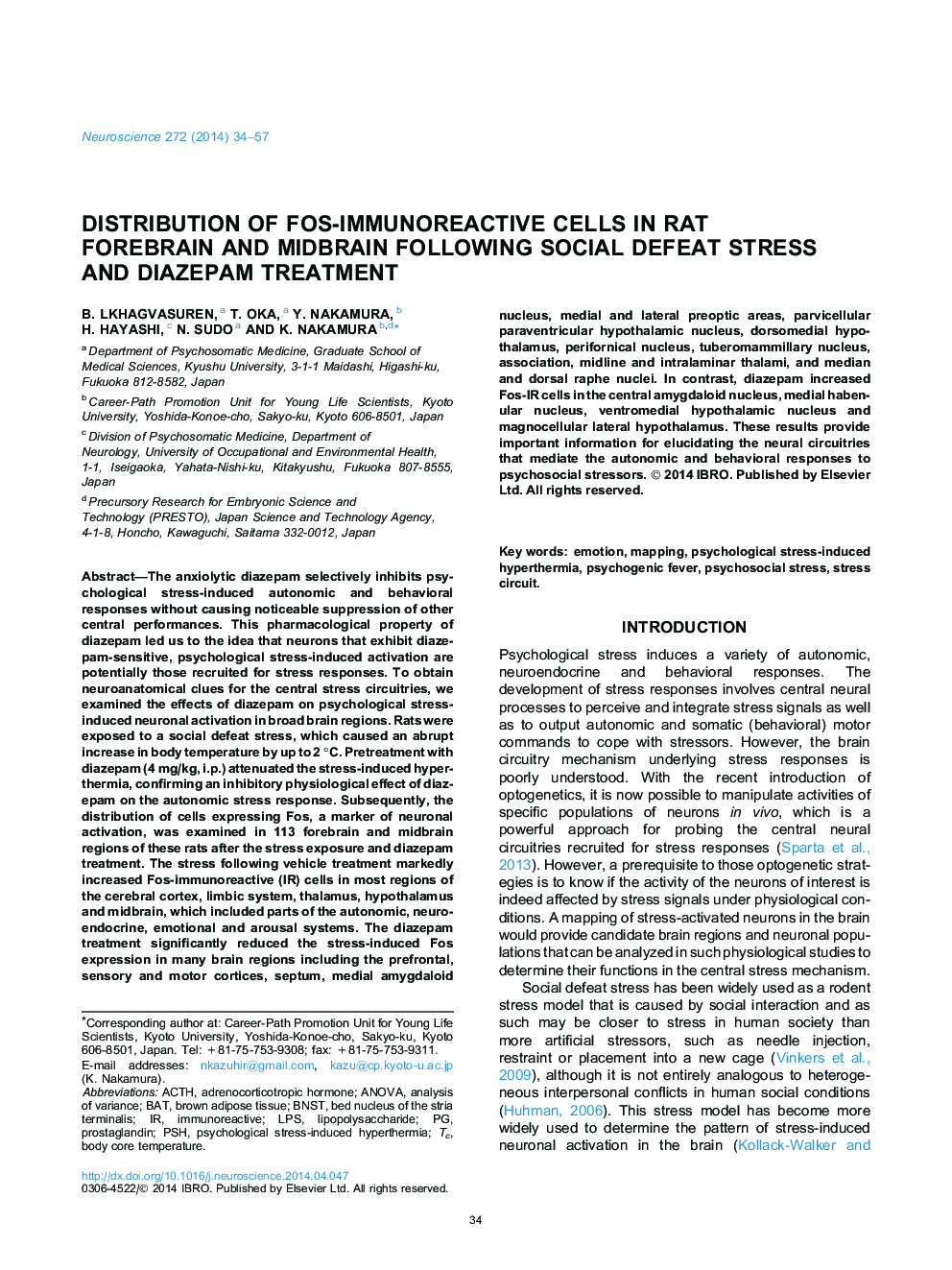 Distribution of Fos-immunoreactive cells in rat forebrain and midbrain following social defeat stress and diazepam treatment