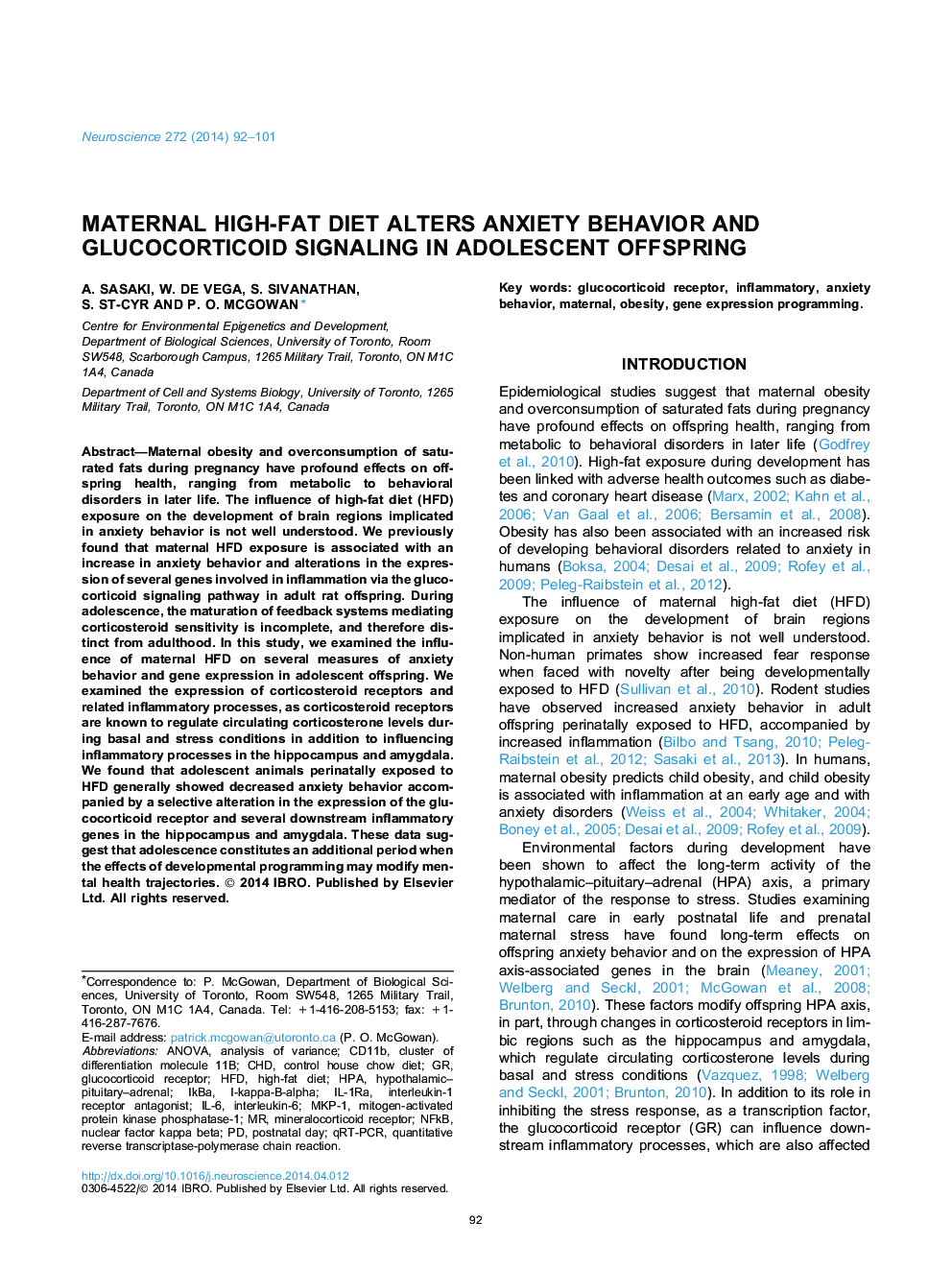 Maternal high-fat diet alters anxiety behavior and glucocorticoid signaling in adolescent offspring