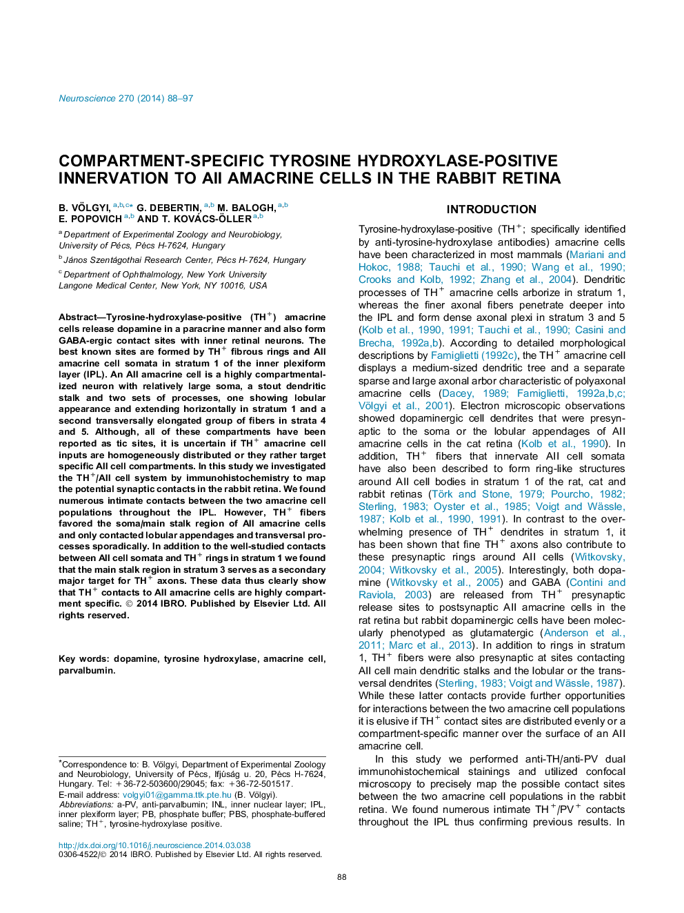 Compartment-specific tyrosine hydroxylase-positive innervation to AII amacrine cells in the rabbit retina