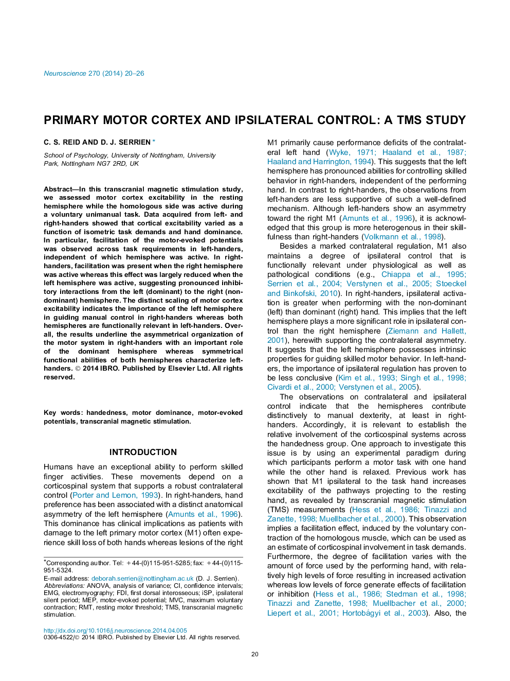 Primary motor cortex and ipsilateral control: A TMS study