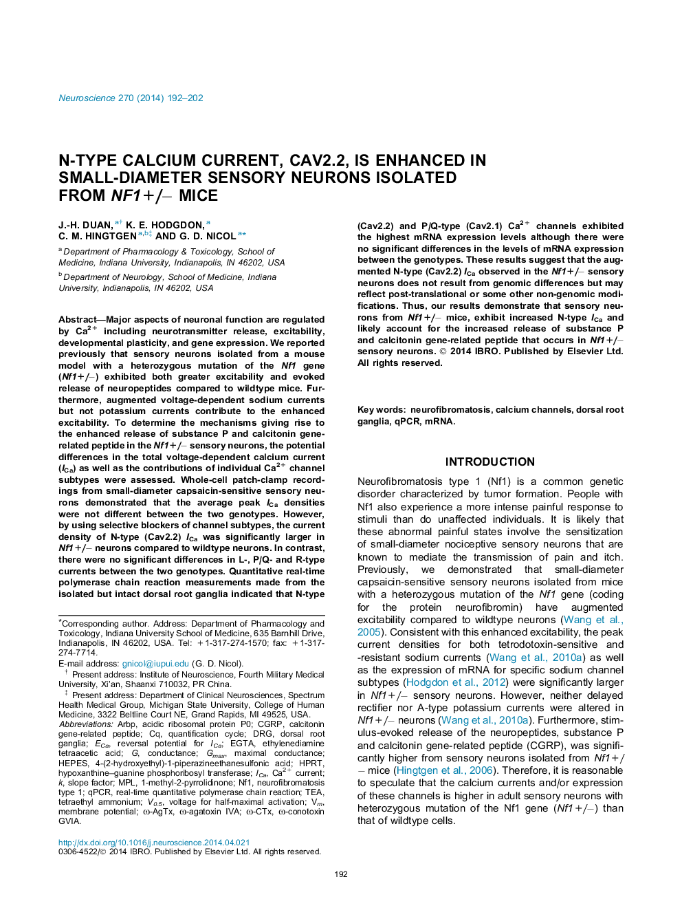 N-type calcium current, Cav2.2, is enhanced in small-diameter sensory neurons isolated from Nf1+/− mice