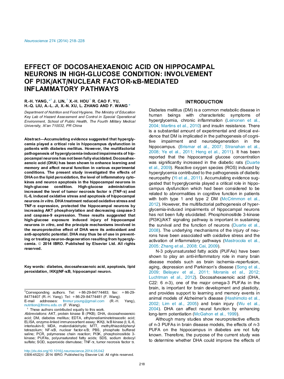 Effect of docosahexaenoic acid on hippocampal neurons in high-glucose condition: Involvement of PI3K/AKT/nuclear factor-κB-mediated inflammatory pathways