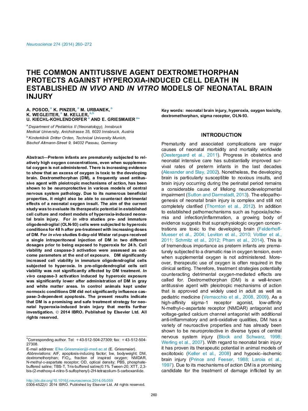 The common antitussive agent dextromethorphan protects against hyperoxia-induced cell death in established in vivo and in vitro models of neonatal brain injury