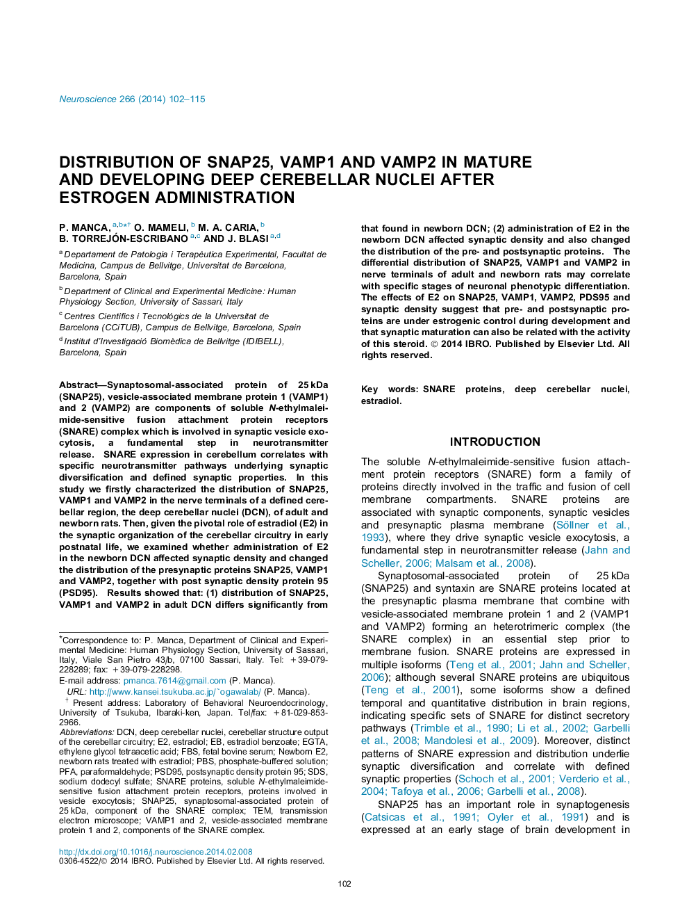 Distribution of SNAP25, VAMP1 and VAMP2 in mature and developing deep cerebellar nuclei after estrogen administration