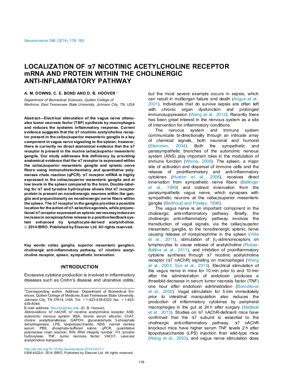 Localization of α7 nicotinic acetylcholine receptor mRNA and protein within the cholinergic anti-inflammatory pathway