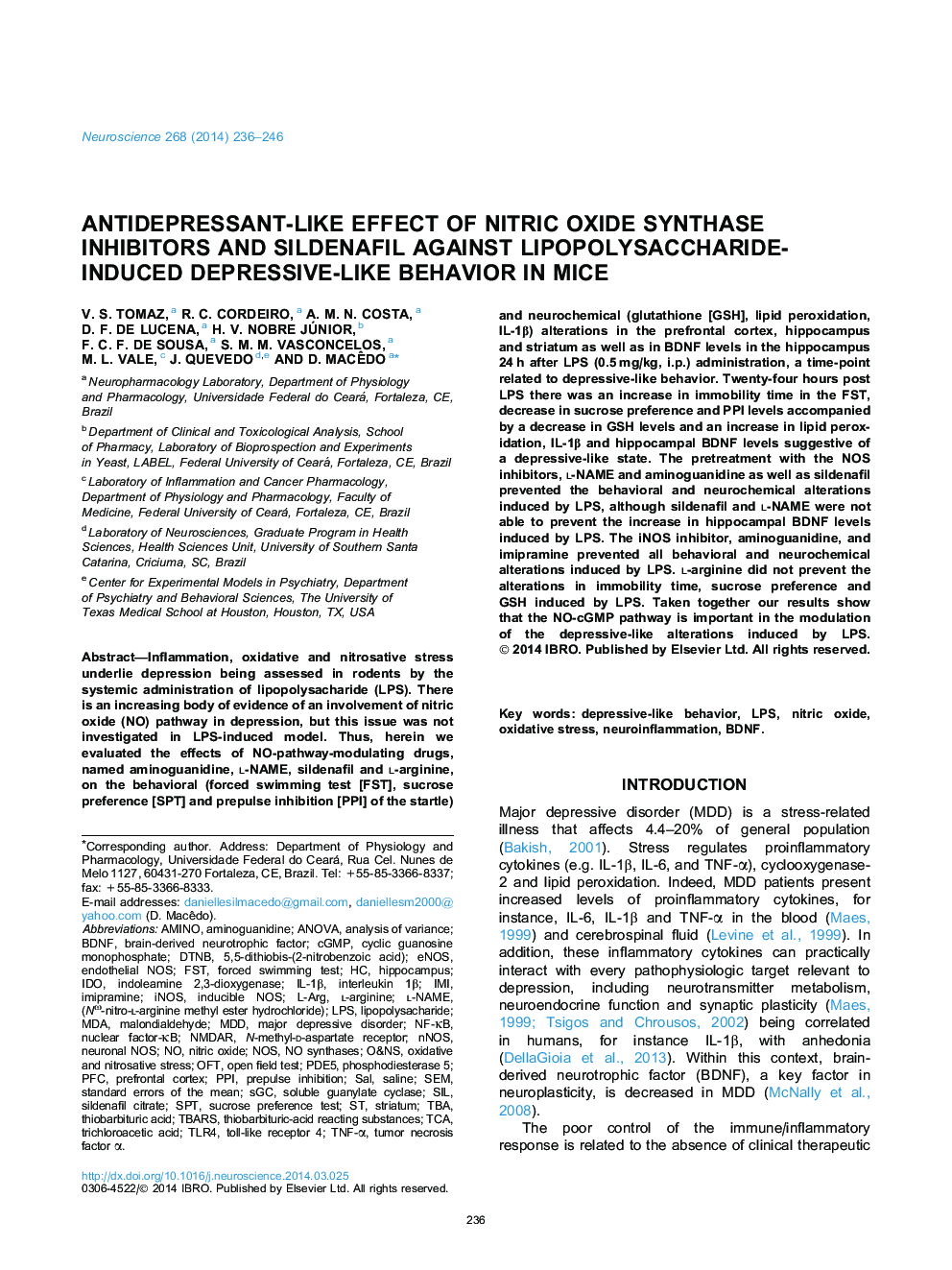 Antidepressant-like effect of nitric oxide synthase inhibitors and sildenafil against lipopolysaccharide-induced depressive-like behavior in mice