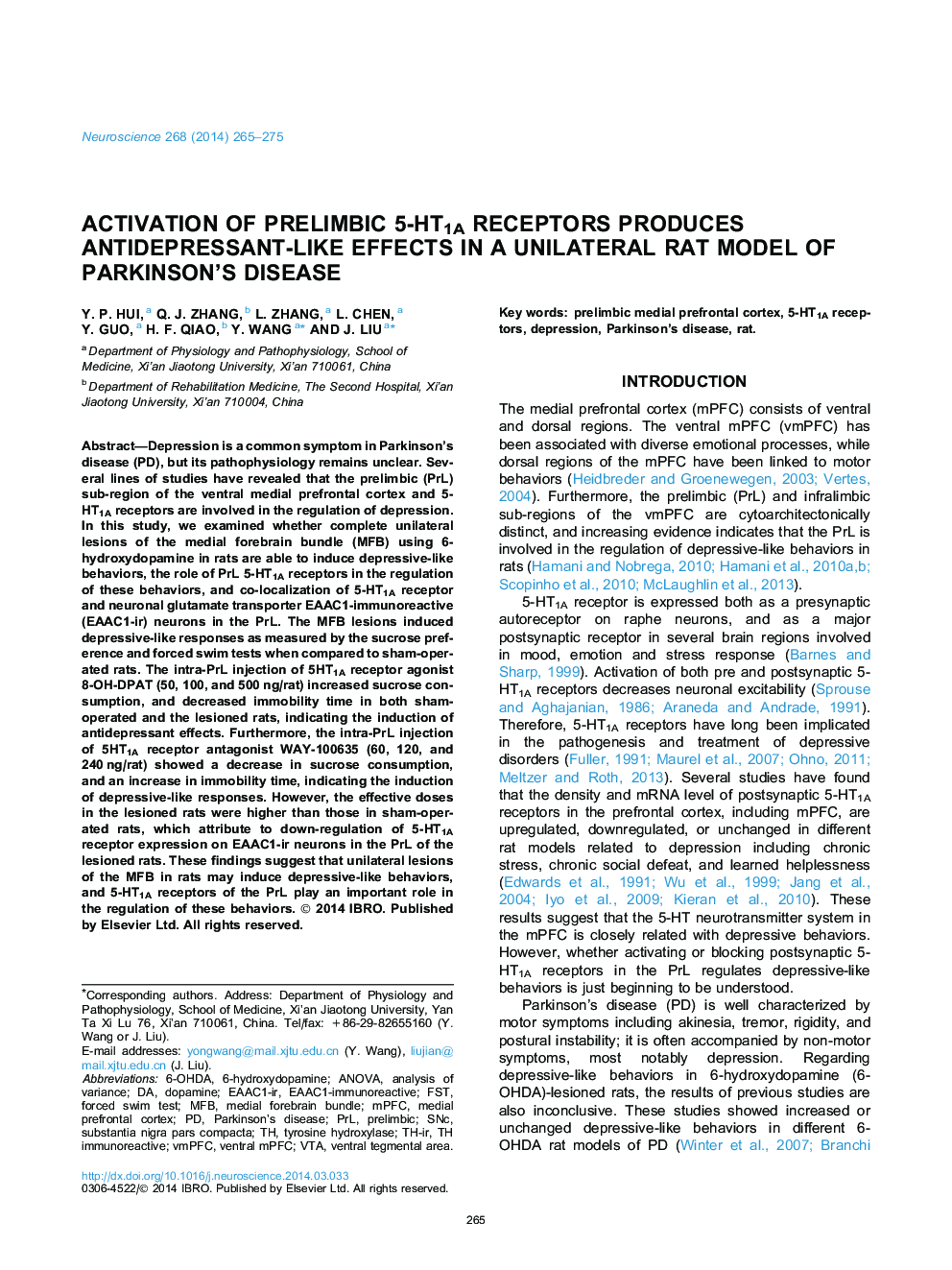 Activation of prelimbic 5-HT1A receptors produces antidepressant-like effects in a unilateral rat model of Parkinson’s disease