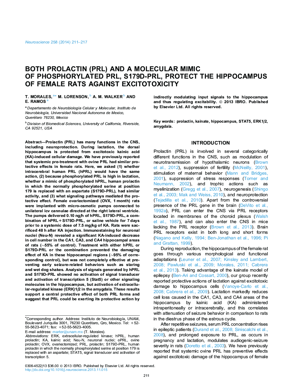 Both prolactin (PRL) and a molecular mimic of phosphorylated PRL, S179D-PRL, protect the hippocampus of female rats against excitotoxicity