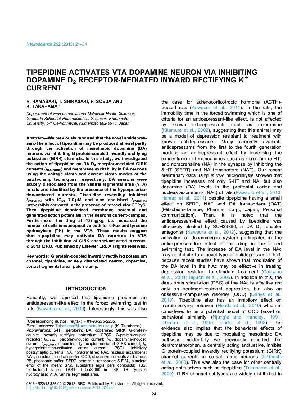 Tipepidine activates VTA dopamine neuron via inhibiting dopamine D2 receptor-mediated inward rectifying K+ current