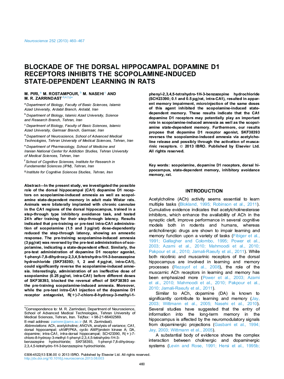 Blockade of the dorsal hippocampal dopamine D1 receptors inhibits the scopolamine-induced state-dependent learning in rats