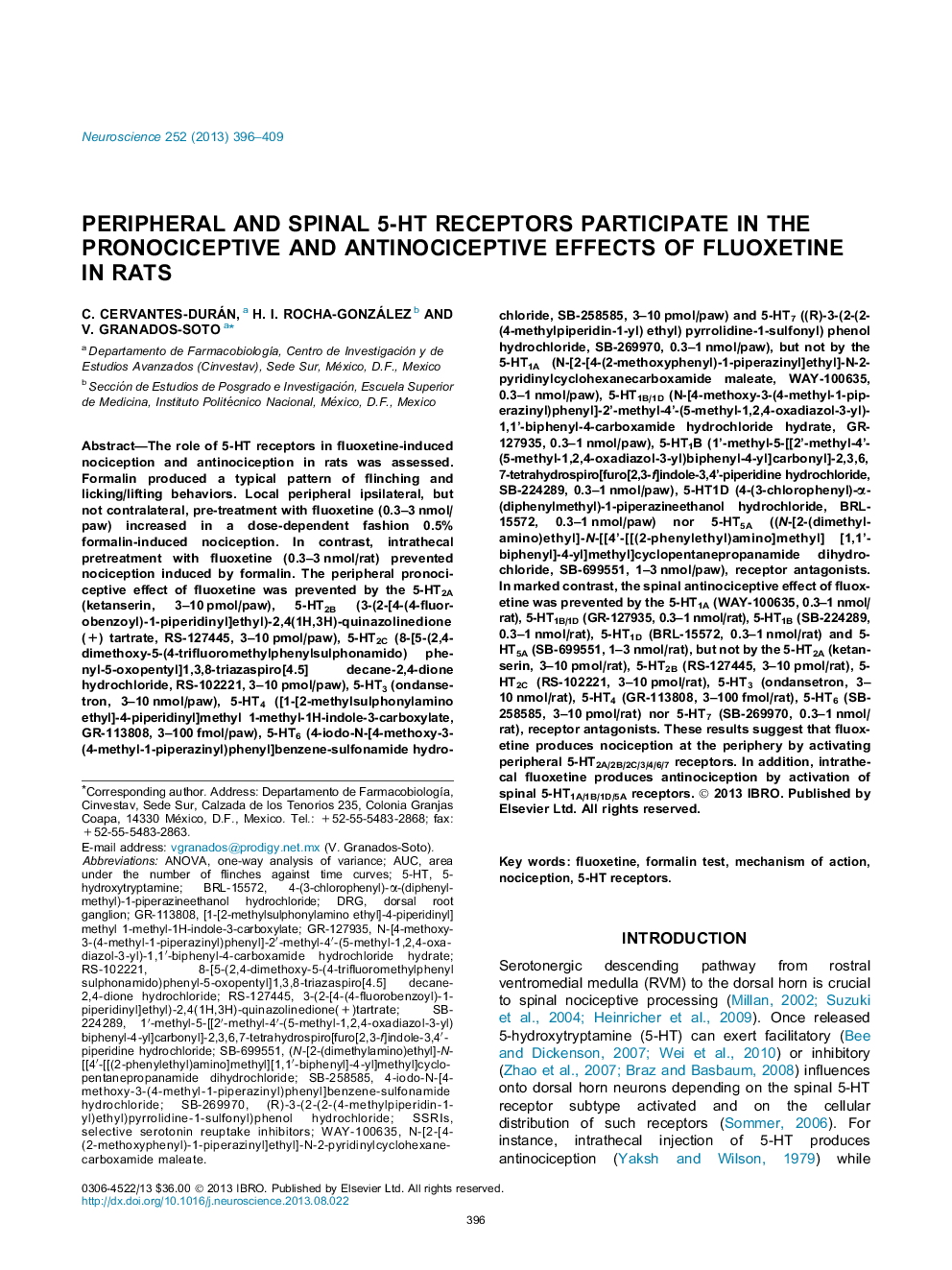 Peripheral and spinal 5-HT receptors participate in the pronociceptive and antinociceptive effects of fluoxetine in rats