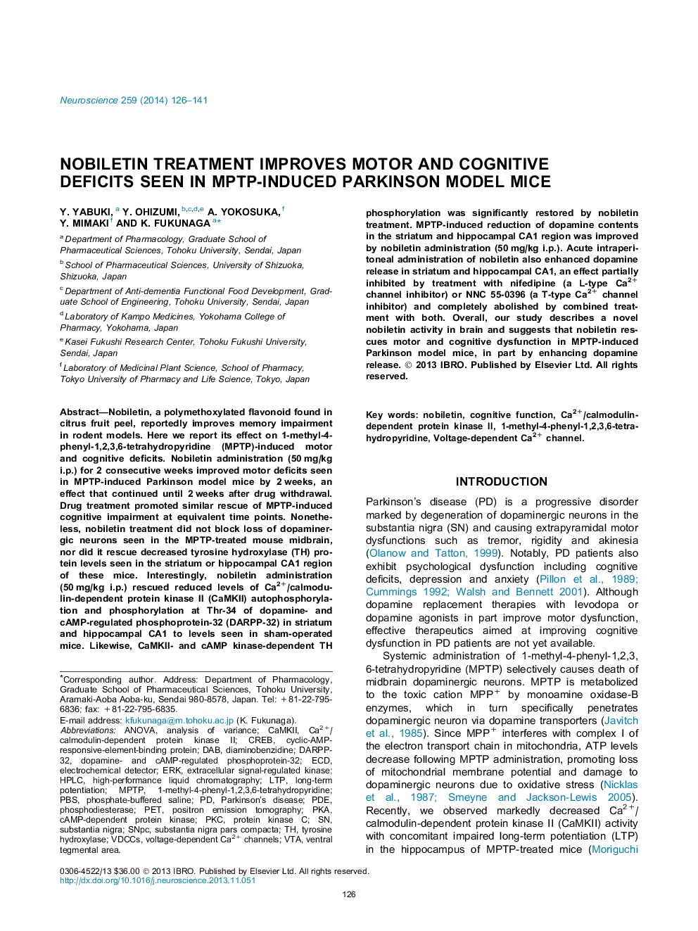 Nobiletin treatment improves motor and cognitive deficits seen in MPTP-induced Parkinson model mice