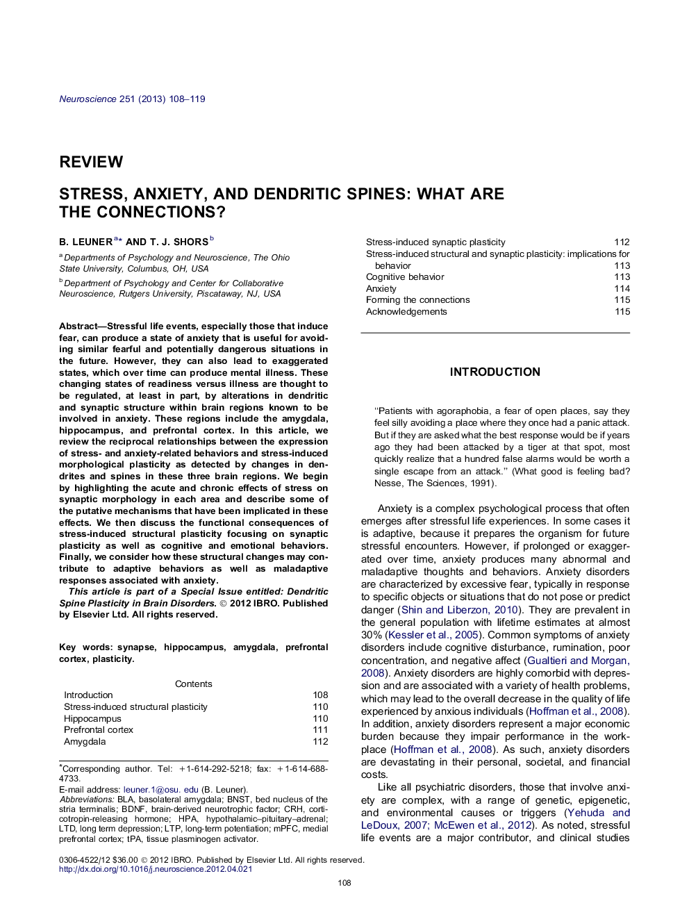 Stress, anxiety, and dendritic spines: What are the connections?