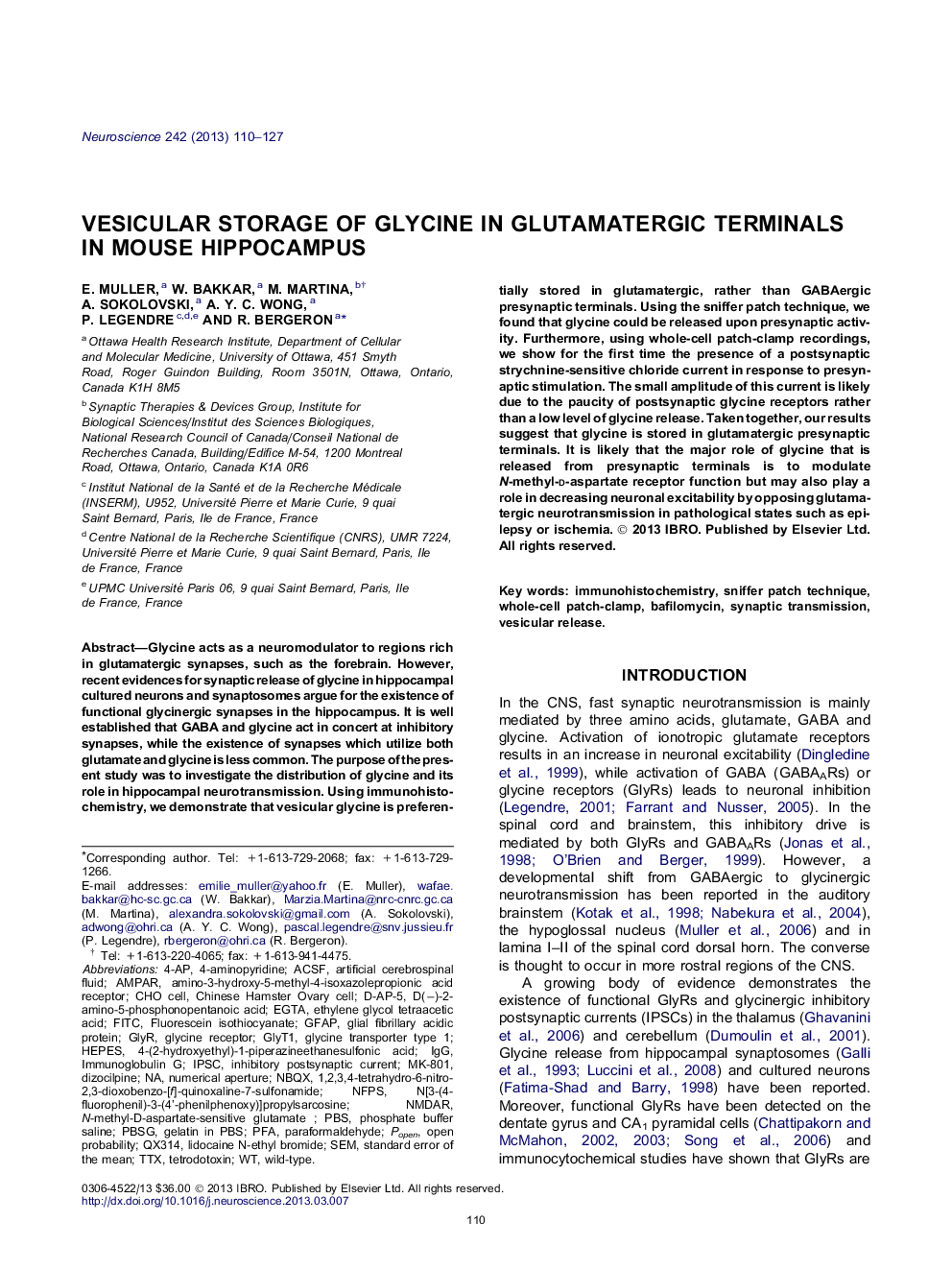 Vesicular storage of glycine in glutamatergic terminals in mouse hippocampus