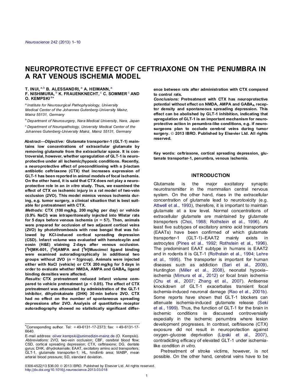 Neuroprotective effect of ceftriaxone on the penumbra in a rat venous ischemia model