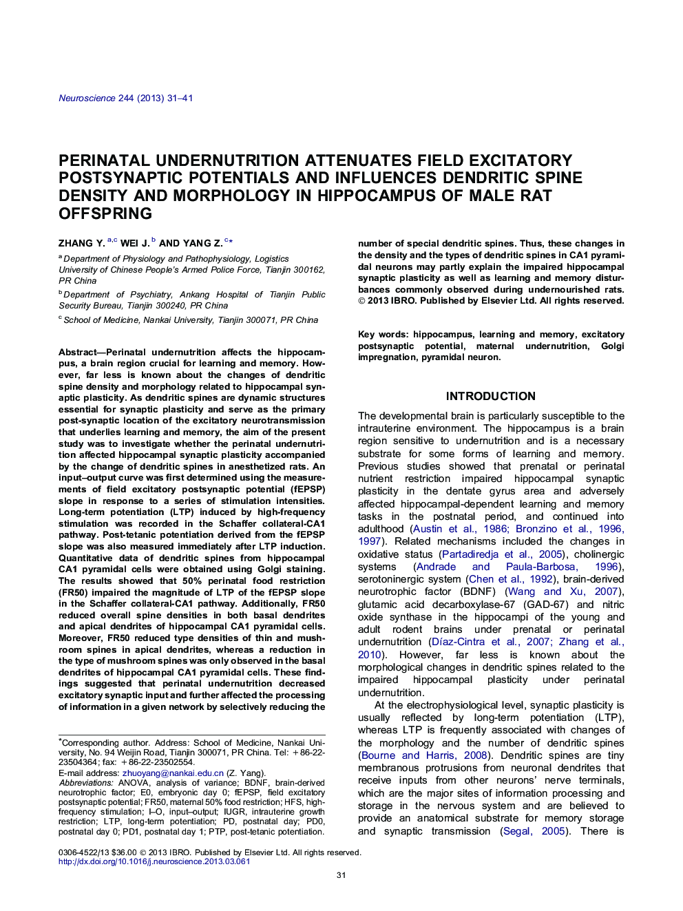 Perinatal undernutrition attenuates field excitatory postsynaptic potentials and influences dendritic spine density and morphology in hippocampus of male rat offspring