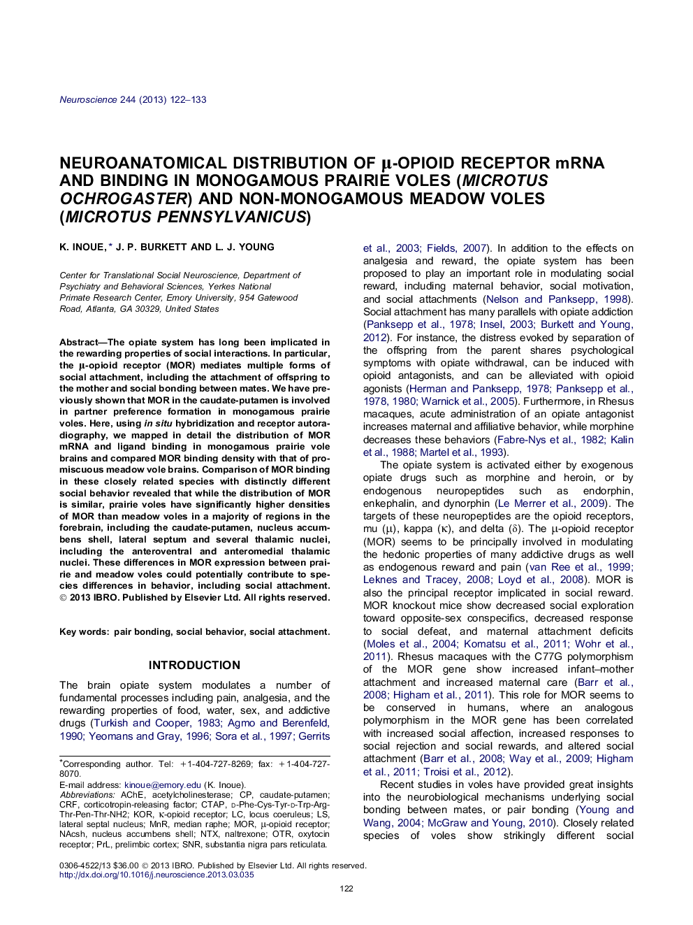 Neuroanatomical distribution of μ-opioid receptor mRNA and binding in monogamous prairie voles (Microtus ochrogaster) and non-monogamous meadow voles (Microtus pennsylvanicus)