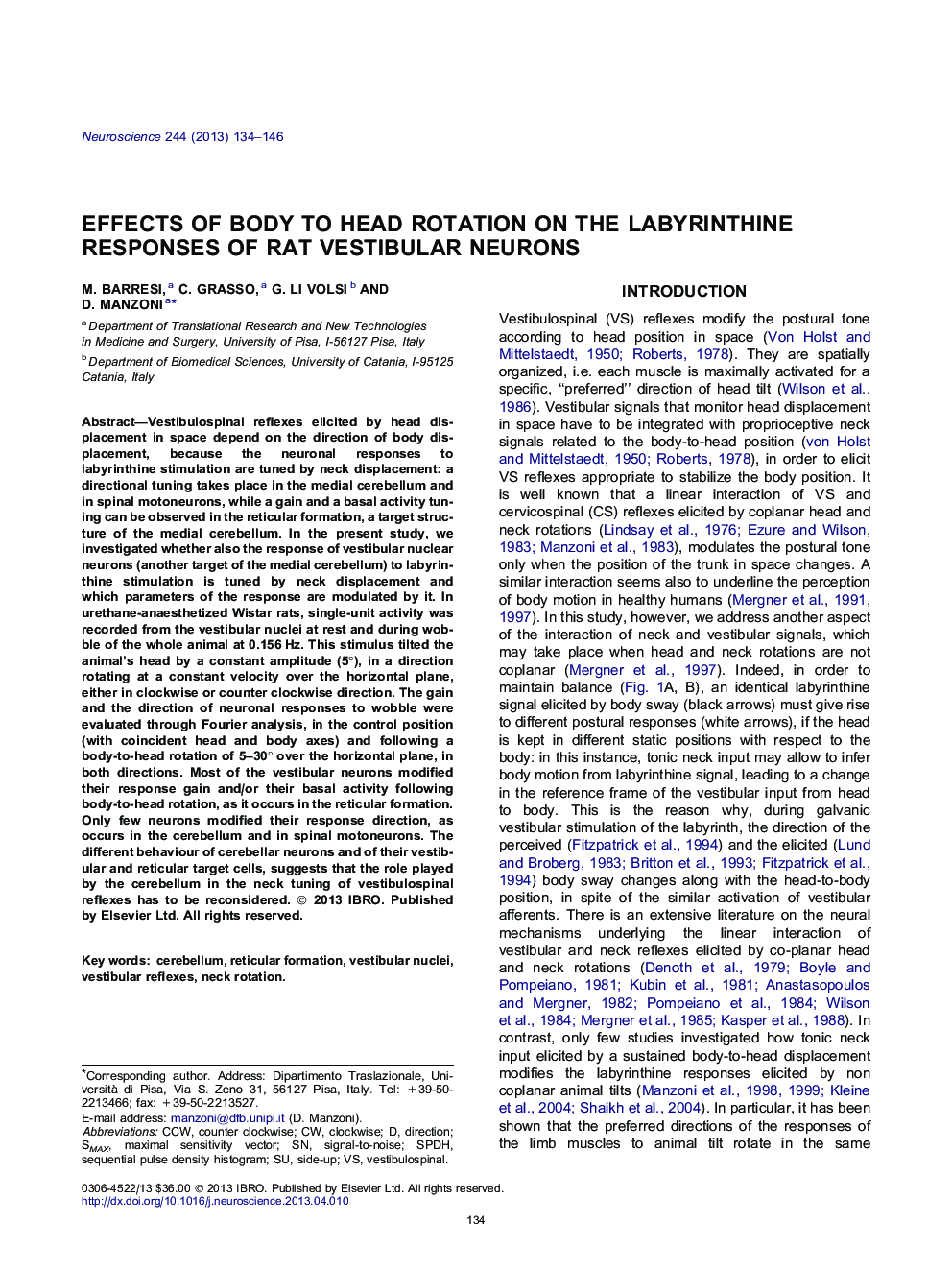 Effects of body to head rotation on the labyrinthine responses of rat vestibular neurons