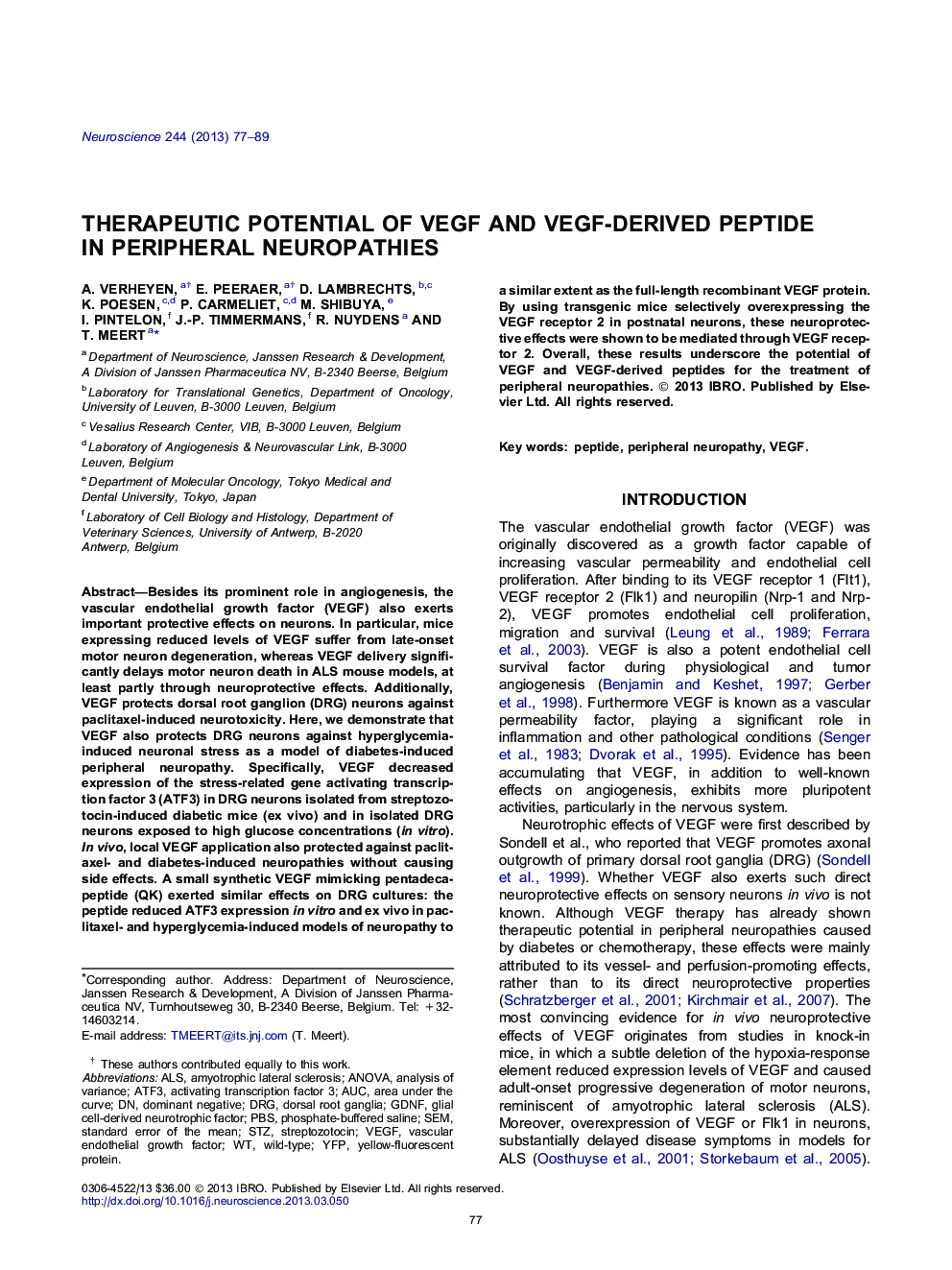 Therapeutic potential of VEGF and VEGF-derived peptide in peripheral neuropathies