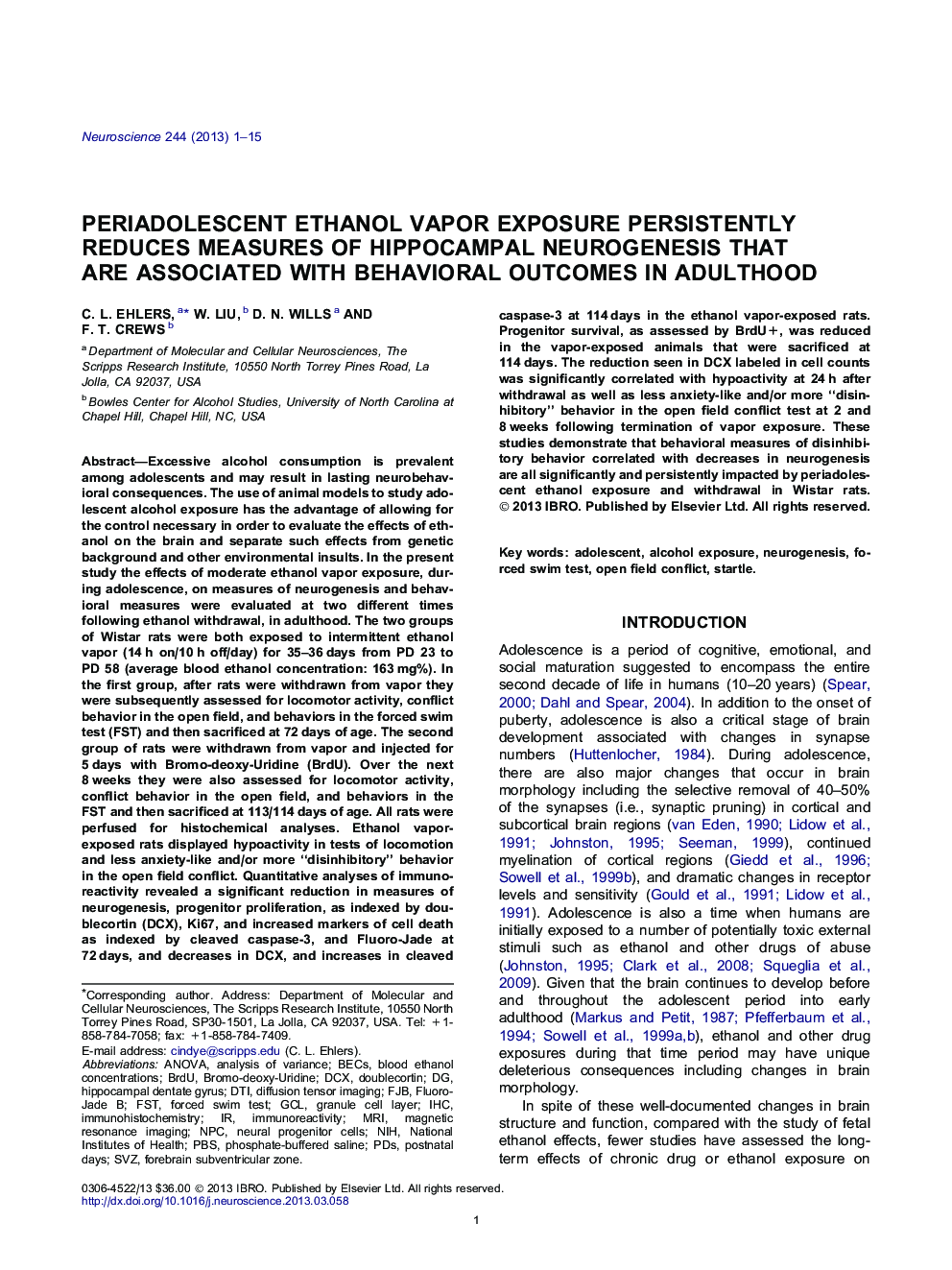 Periadolescent ethanol vapor exposure persistently reduces measures of hippocampal neurogenesis that are associated with behavioral outcomes in adulthood