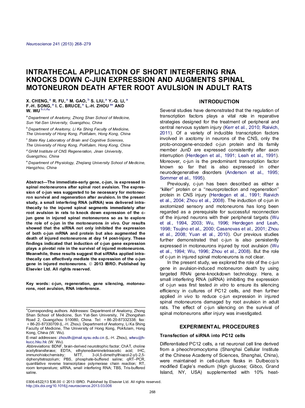 Intrathecal application of short interfering RNA knocks down c-jun expression and augments spinal motoneuron death after root avulsion in adult rats