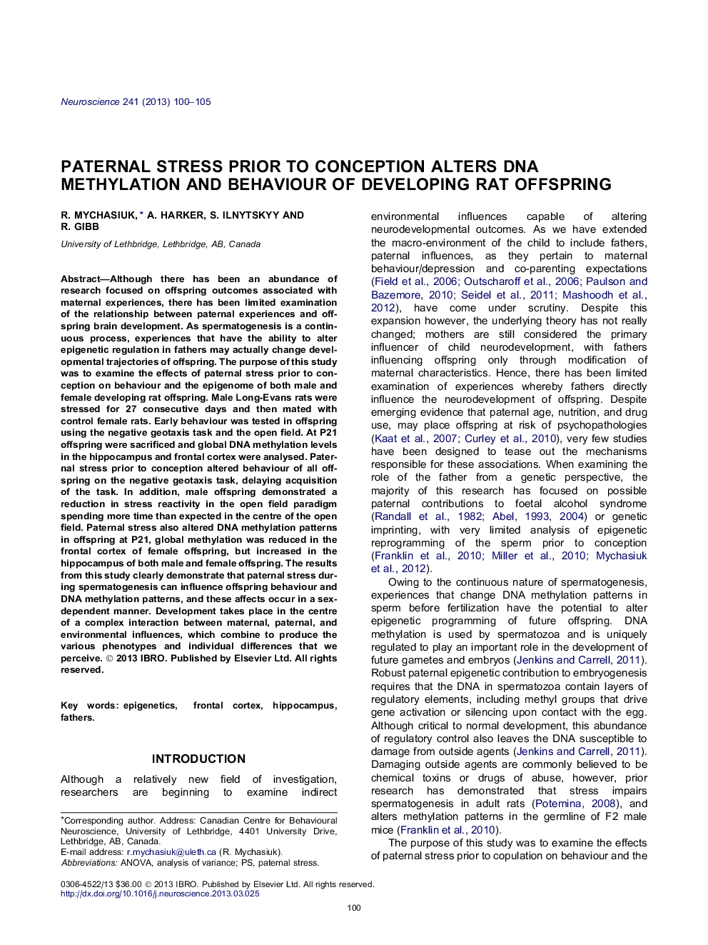 Paternal stress prior to conception alters DNA methylation and behaviour of developing rat offspring